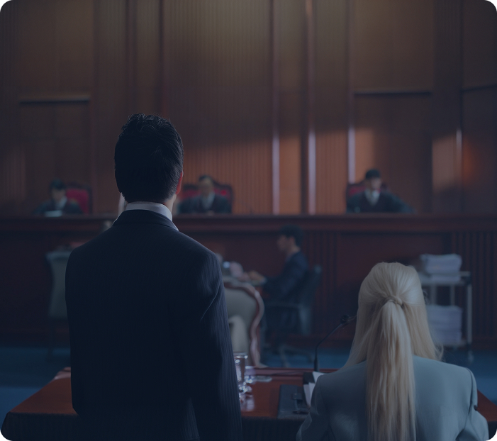 Lawyer speaking to judge in courtroom